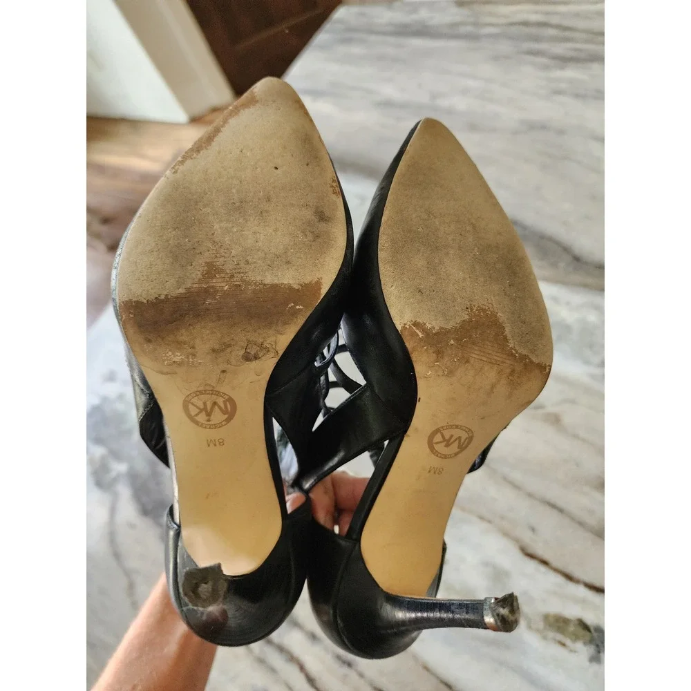Michael‎ Kors Black Leather Cage Buckle Strappy Pointed Toe Pumps Heels Size 8M